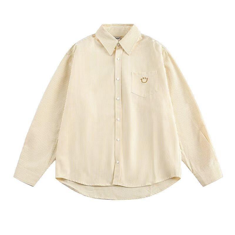 Spring and Autumn Couple Embroidered Striped Shirt Japanese Retro Pocket Design Shirt Men and Women Versatile Coat