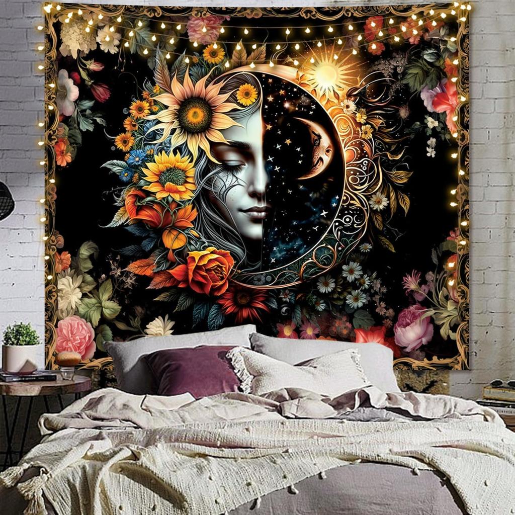 Sun and Moon Tapestry,Psychedelic Mystic Floral Tapestry Wall Hanging Modern Aesthetic Tapestry Hippie Boho Wall Art for Home Decor Bedroom Living