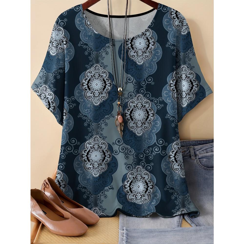 Summer Women Pattern Splicing 3D Printed Short Sleeved T-shirt Fashionable Comfortable Soft Breathable Large Loose Retro Style T-shirt