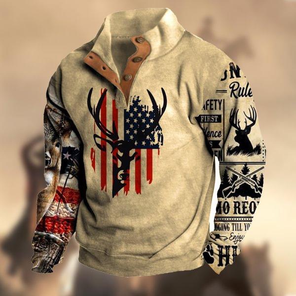 Men's Denim Christmas Ethnic-Style Distressed Print Henley Long-Sleeved Stand-Collar Sweatshirt