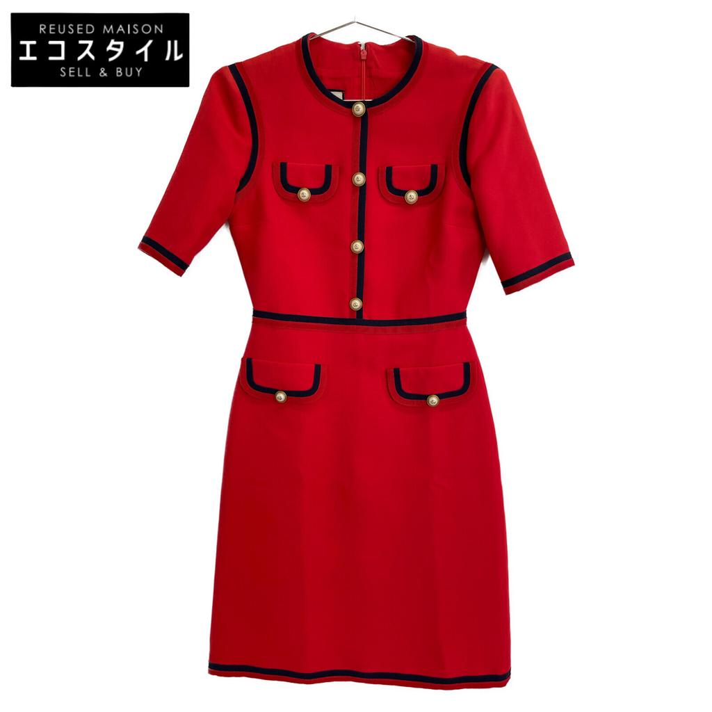 GUCCI 475850 Red Interlocking G Pearl Button Web Trim Dress dress 36 RedUsed