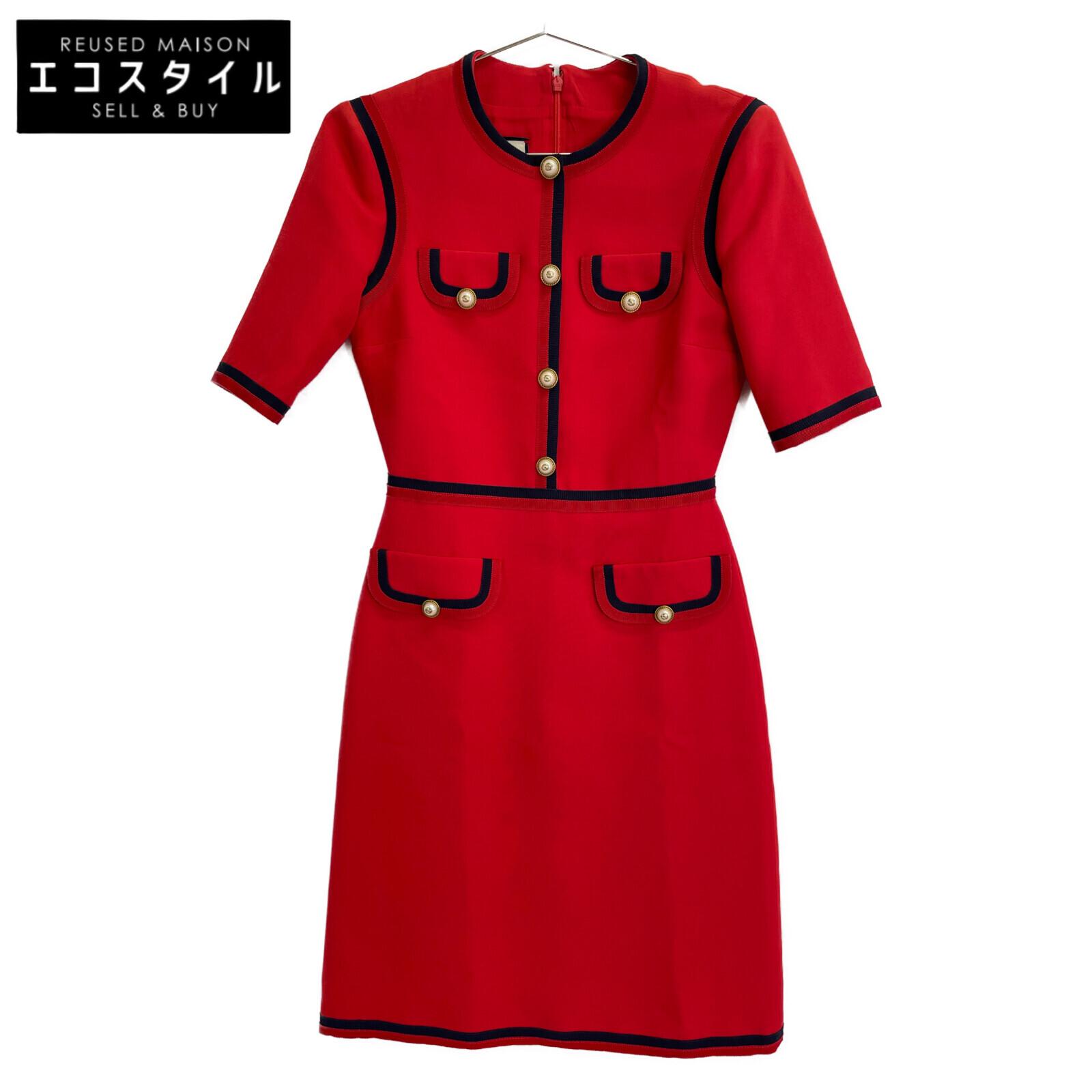 

GUCCI 475850 Red Interlocking G Pearl Button Web Trim Dress dress 36 RedUsed