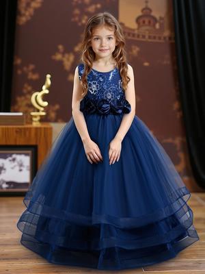 Girls' Sleeveless Sequin Embroidered Princess Dress with Puffy Skirt and 3D Floral Mesh Detail