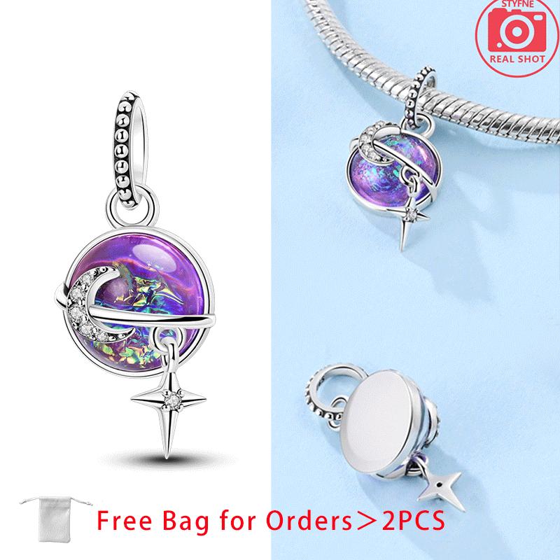 Moon Stars Planets Shining Zircon Beads Pendant Fit Women Diy Copper Charms Jewelry Original Bracelet Fine Delicate Gift