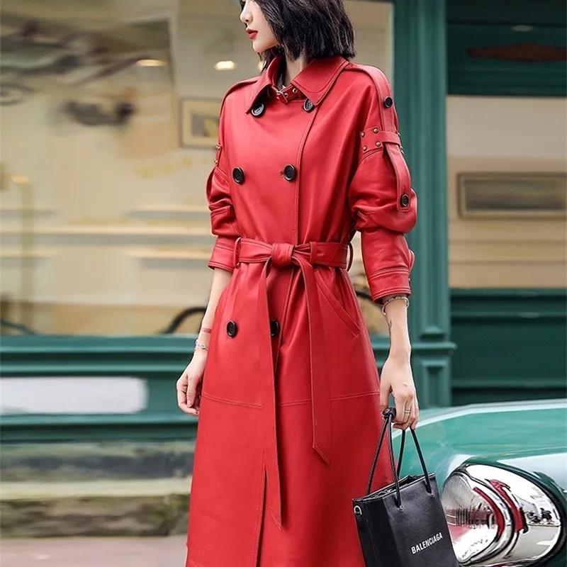 Lambskin Handmade Women Red Trench Coat Leather Genuine Long Party Stylish