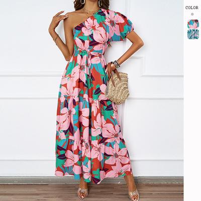 Sommer Neue Sexy Slant Neck Gedruckt Bohemian Meer Urlaub Lange Rock Kleid