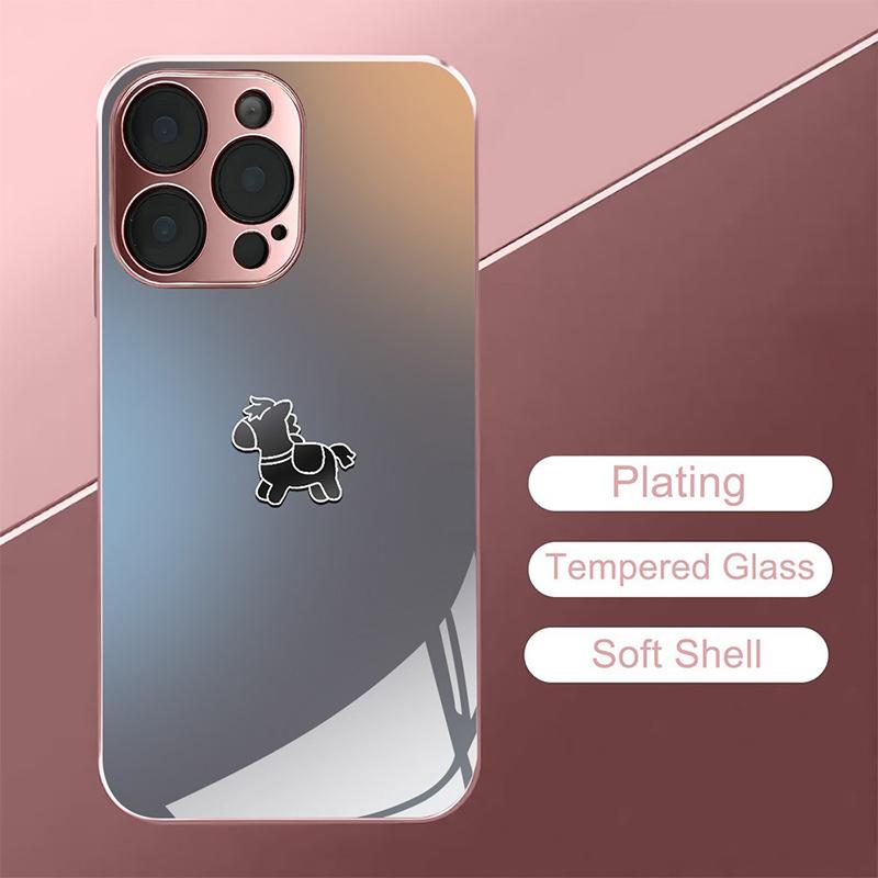 Cute Pony Pattern Pink Metallic Tempered Glass Phone Case For iPhone 17 Pro Max Plus 11 12 13 14 15 16 Pro 17Air 17E Cover