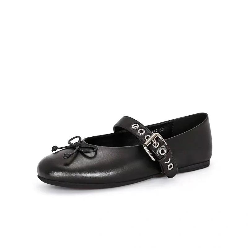 Sheepskin version~ Design sense belt buckle flat bottom shallow mouth single shoes women's bow round head Mary Jane shoes women's shoes