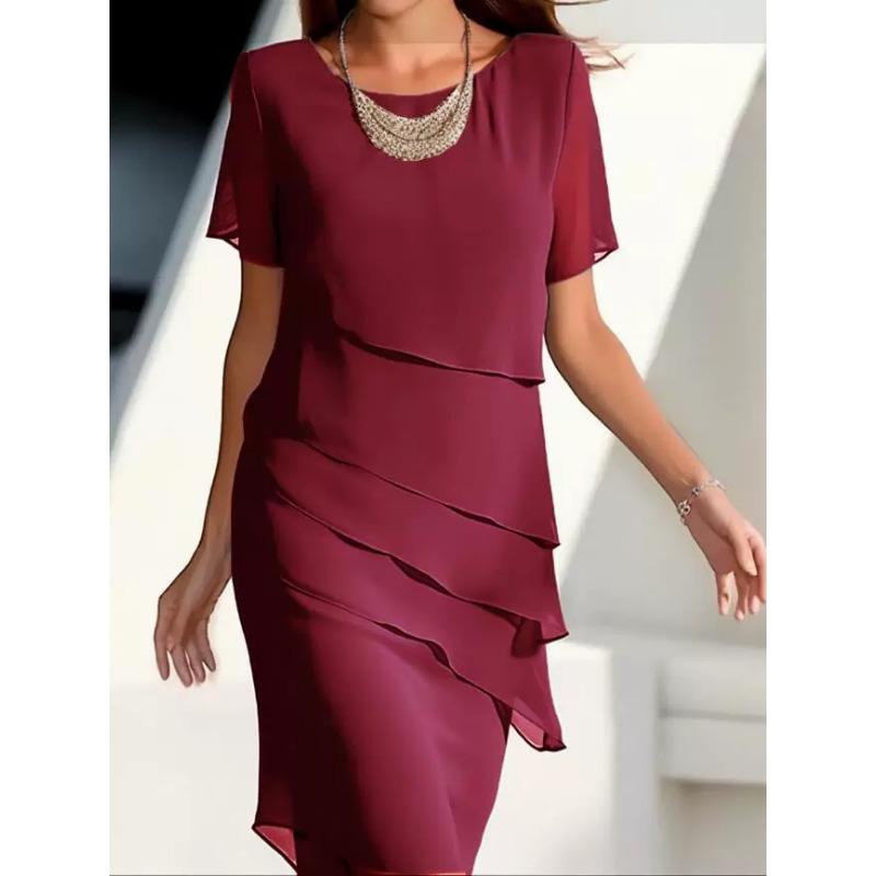 Spring Summer Women's New Solid Color Short Sleeved Fashionable Flash Ruffle Edge Round Neck Casual Comfortable Dress