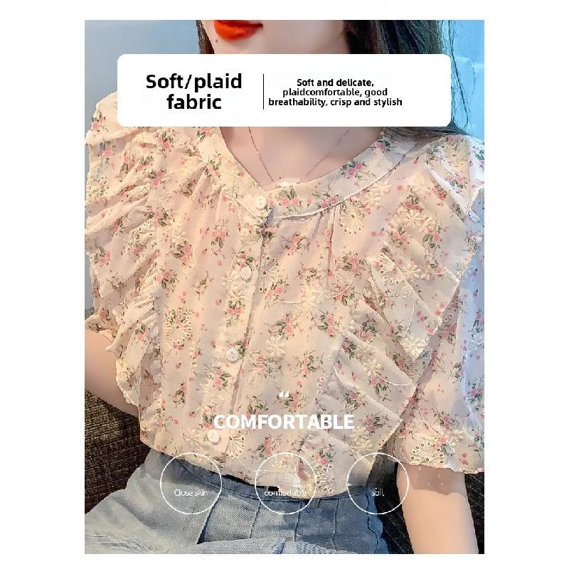 Ruffled floral chiffon blouse for women, summer 2026, sweet and elegant short-sleeved casual top