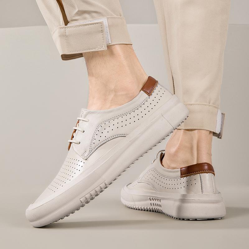 Fashion High Quality Leather Casual Shoes Massage Soles Hollow Breathable Men's Oxford Shoes White Versatile Men's Outdoor Sports Shoes