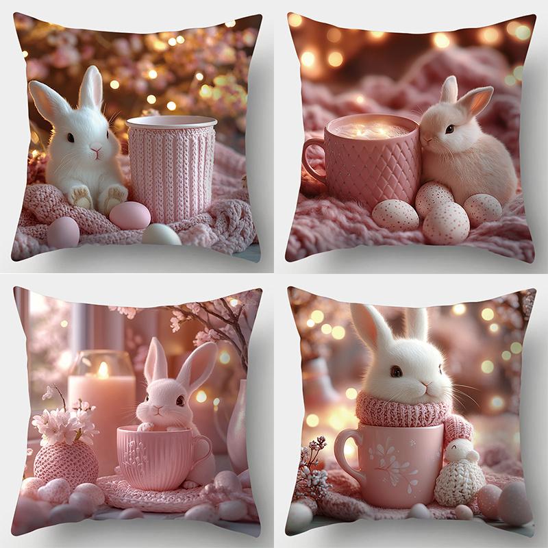 

4 Piece Easter Pattern Pillow Cover Set Featuring Rabbits Easter Eggs Pink Cups And Fabric Style Designs Ideal For Home And 35x35cm 4pcs