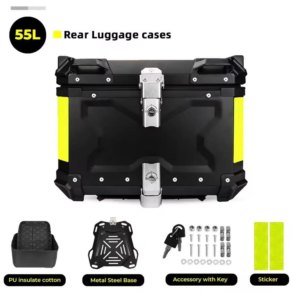 Universal Aluminum Black Motorcycle Tail Storage Box 45L 55L Motorcycle Trunk Rear With Reflective Design Waterproof Toolbox