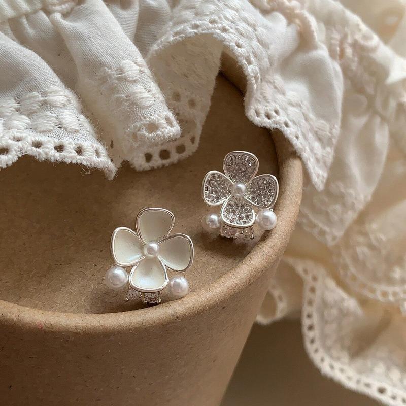 Silver needle zircon oil drop flower asymmetric stud earrings light luxury high sense earrings design sense niche versatile earrings women