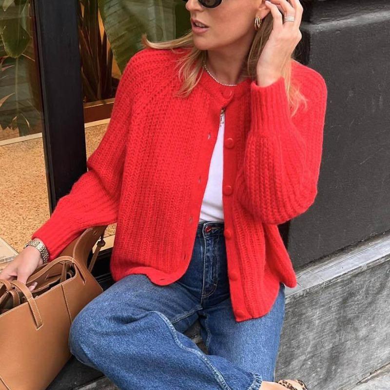 Autumn and winter street fashion solid color knitted cardigan, temperament all-match casual round neck long-sleeved sweater jacket