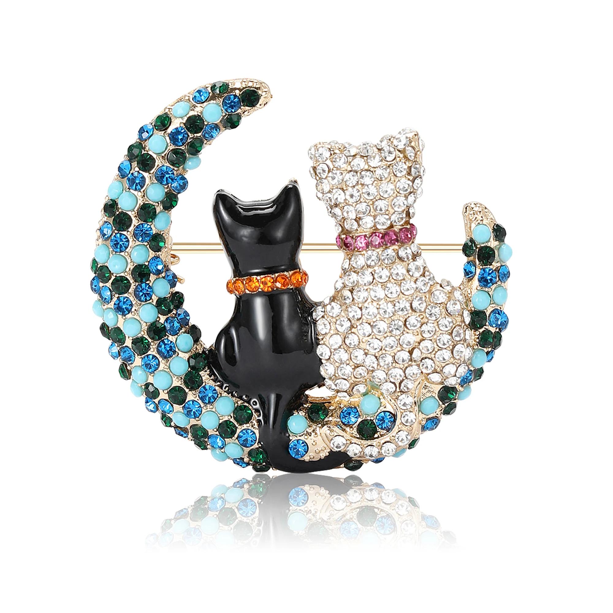 Rhinestone Moon Cat Brooches for Women Unisex Enamel Animal Moon Pins Event Party Backpack Decoration Clothes Accessories