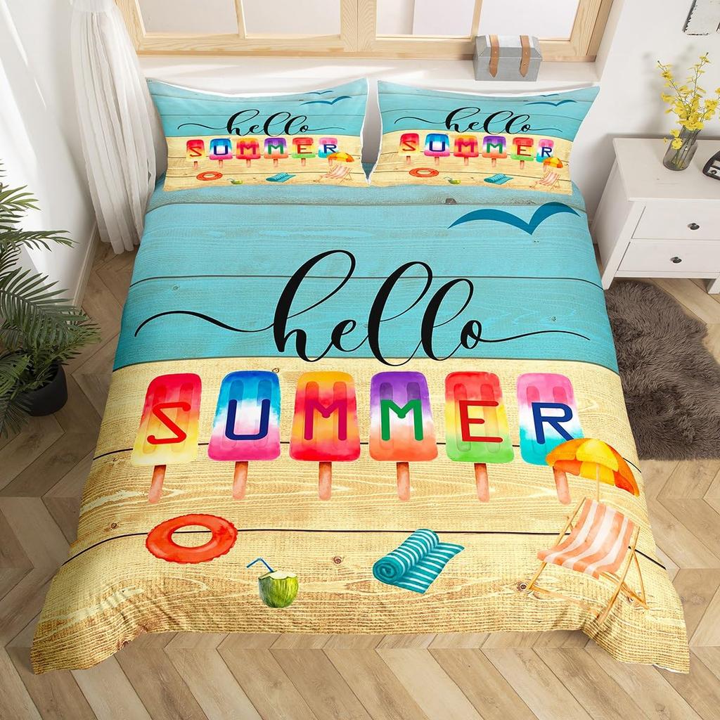 Hello Summer Comforter Cover Yellow Sunflower Bed Set,Farmhouse Duvet Cover Brown Stripe Old Wood Door Green Leaves Bedding Sets