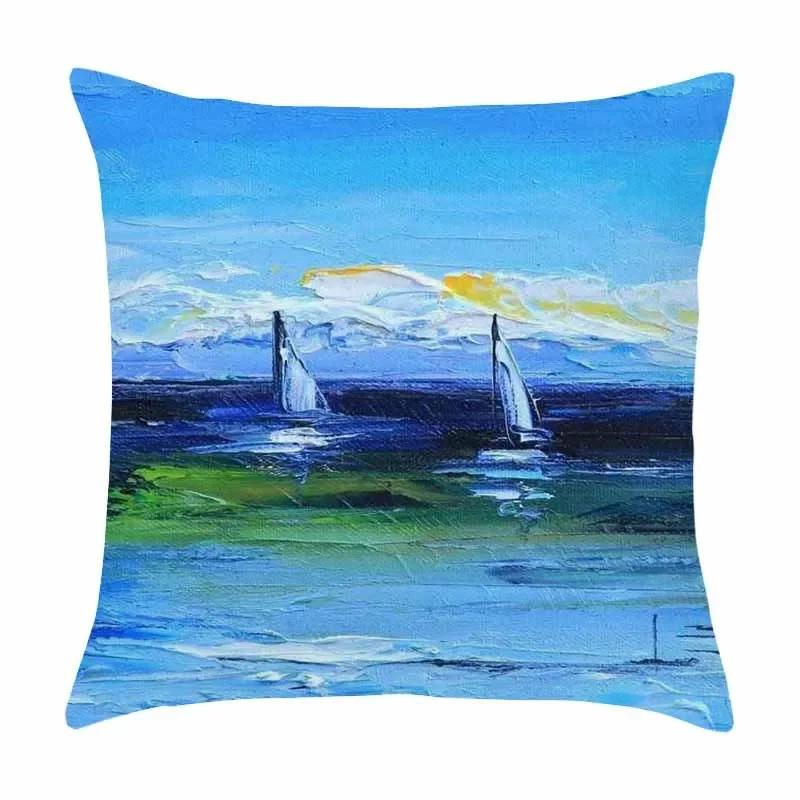 Beautiful Oil Painting Sail Sailing Landscape Print Pattern Cushion Cover Home Living Room Sofa Decoration Pillow