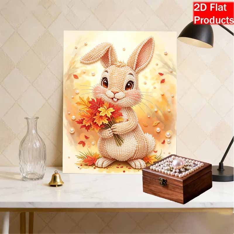 5D Pearl Painting Kit Framed with Cute Autumn Bunny Design Sparkling Bead Art Canvas DIY Relaxing Craft for Home Wall Decor Gift Set
