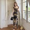 2026 Spring/Summer Resort Style Ruffled Slit Print Spaghetti Strap Maxi Dress - Elegant, Waist-Cinched Women's Fashion.