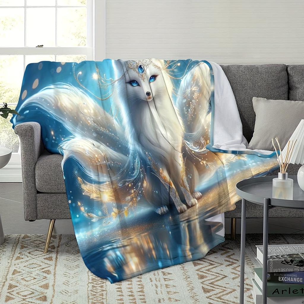 Mystische Weißfuchs-Decke - Gemütliches und bezauberndes Design, Perfekt für jeden Raum, Weich und warm, Ideales Geschenk für Fantasy-Liebhaber