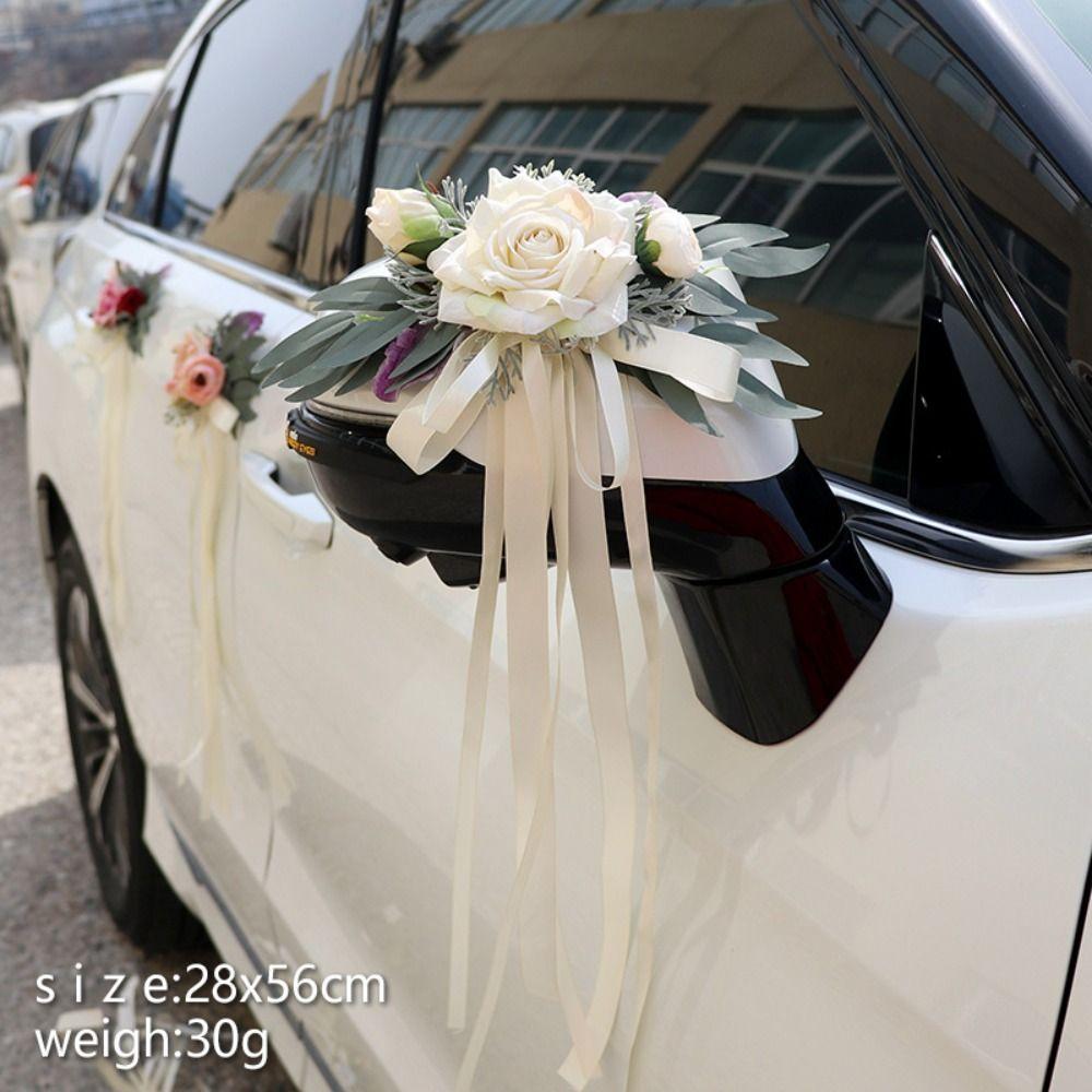 Ribbon Car Door Handle Mirror Flowers Romantic Artificial Roses  Ceremony Party Decor