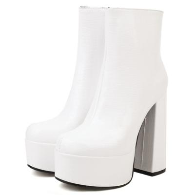 White Women's Ankle Boots 2025 Winter Sexy Block Heels Short Boots Black Green Dance Party Stripper Shoes For Girls Large Size