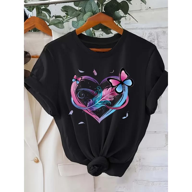 

European Size Women s Stylish Graphic Print T-Shirt - Short Sleeve Crew Neck, Vibrant Heart & Butterfly Design 4XL