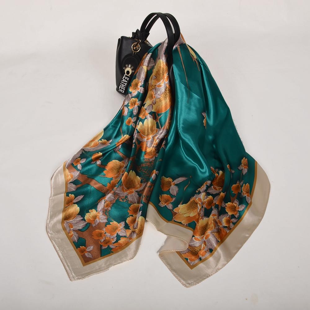 Winter Blue Red Silk Scarf Hijab Ladies Fashion Accessories Satin Square Scarves Foulard Spring Fall Head Scarves Shawls 90*90cm