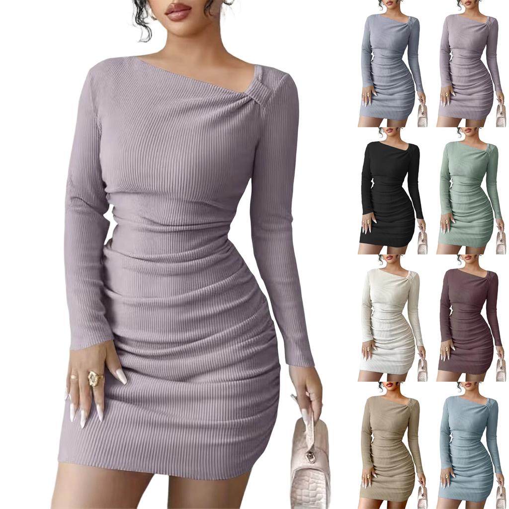 Women's Fashionable Color Slanted Collar Long Sleeved Dress With A Slim Fit And Elastic Buttocks
