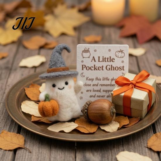 Small Halloween Prop Little Pocket Ghost, Handmade Wool Felted Ghost with Pumpkin, Mini Plush Toy Doll Inspirational Card, Emotional Support Gift for
