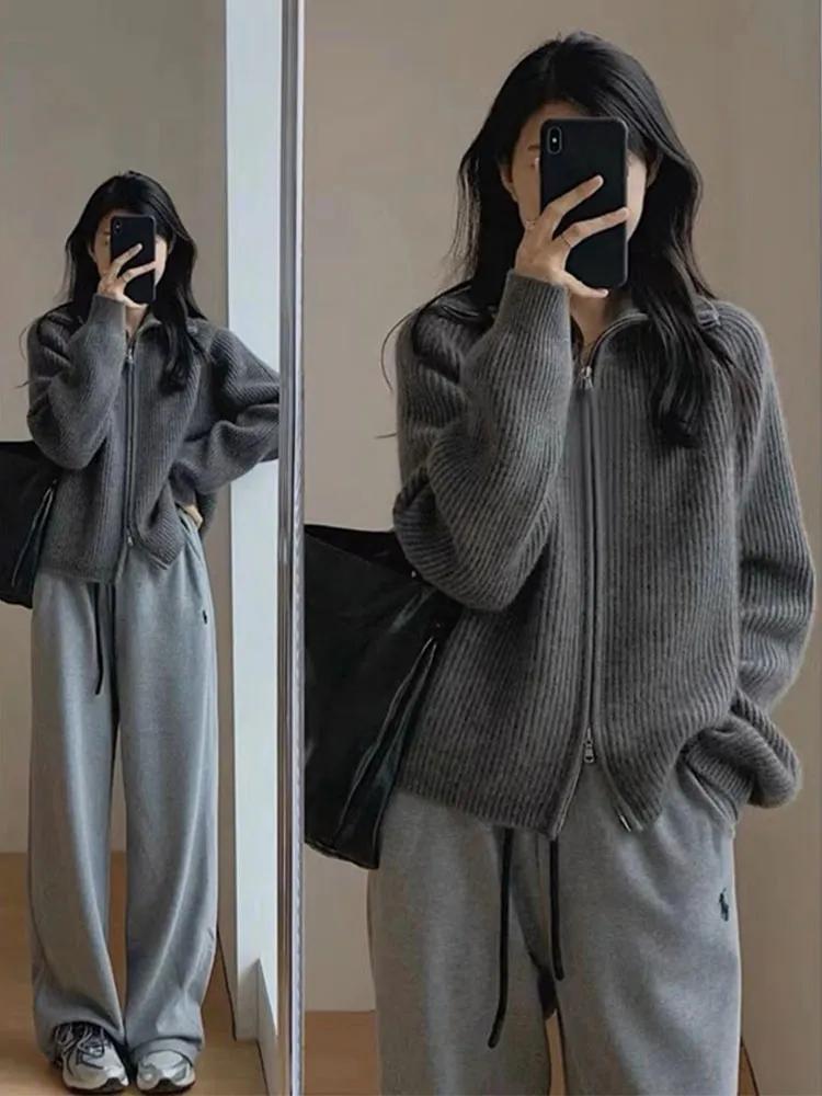 

WTEMPO Длинный рукав вязаный свитер женский весна осень ретро корейский стиль лацкан застежка-молния вязаный кардиган свободный утолщенный верхняя одежда One Size темно-серого