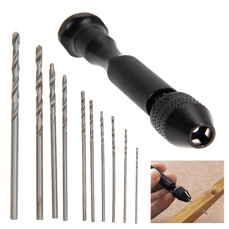 Aluminum Mini Micro Hand Drill Keyless Chuck + 10Pcs Twist Drills Rotary Tools Set