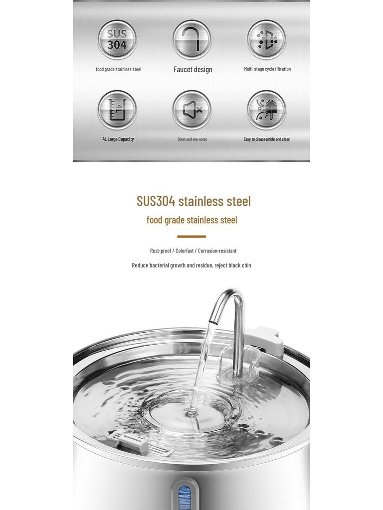 4L Stainless Steel Cat Water Fountain with Window, Automatic Filtration & Purification