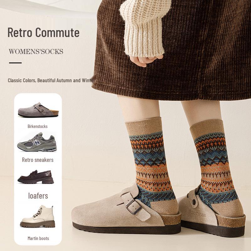 Women's Mid-Calf Retro Ethnic Socks - Double Needle, Anti-Pilling, Perfect for Autumn/Winter - Versatile with Short Boots