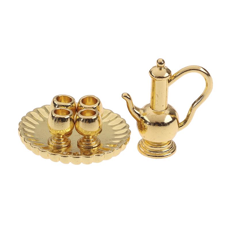 1Set 1: 12 Dollhouse Miniature Furniture Accessories Dining Ware Metal Tea Cup Plate Model Set For Doll House Decor Pretend Toy