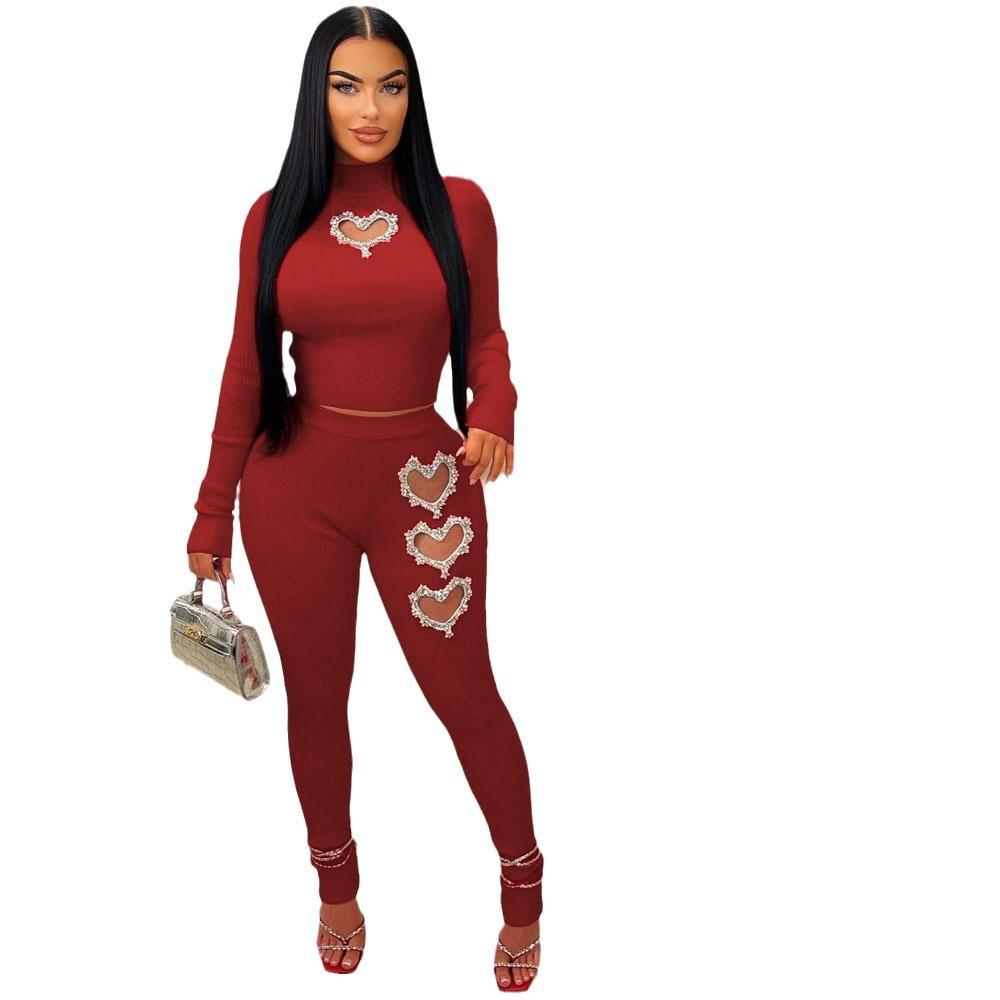 Two Piece Sets Wome Sexy Solid Pant Set Turtleneck Full Sleeve Slim Fit Tops Hollow Out High Waist Long Pants Sheath