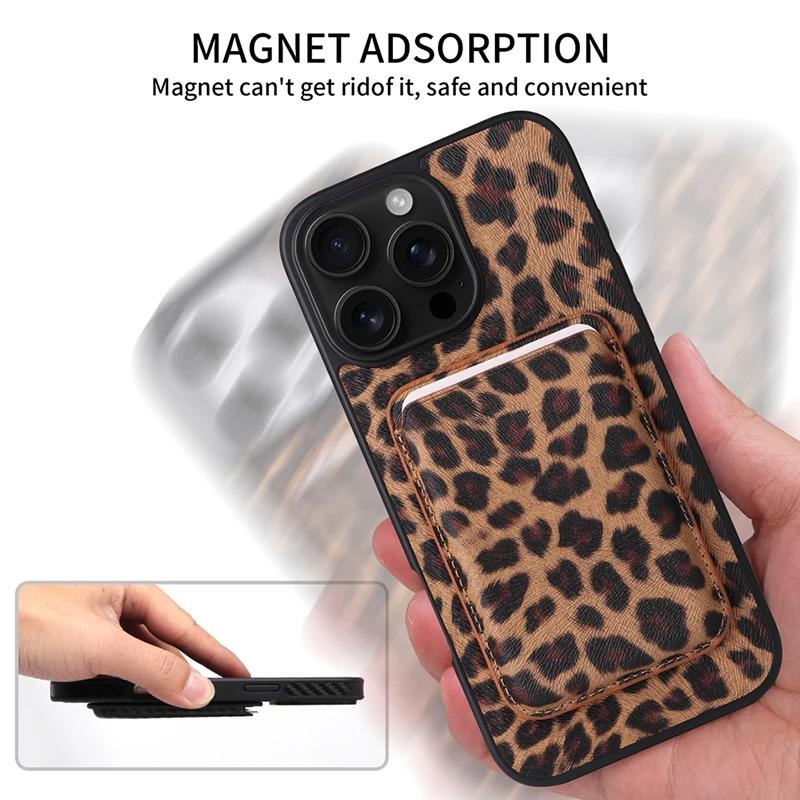 2 In 1 Strong Magnetic For iPhone 17 Pro 16 15 14 Pro Max Magsafe Card Holder Wallet Leather Case Leopard Saffiano Carbon Fiber