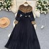 Temperament Robe Femme Maxi Dresses for Women Long Sleeve O-neck Sequin Slim Waist Vintage Pleated Dress 2025 Vestidos De Mujer