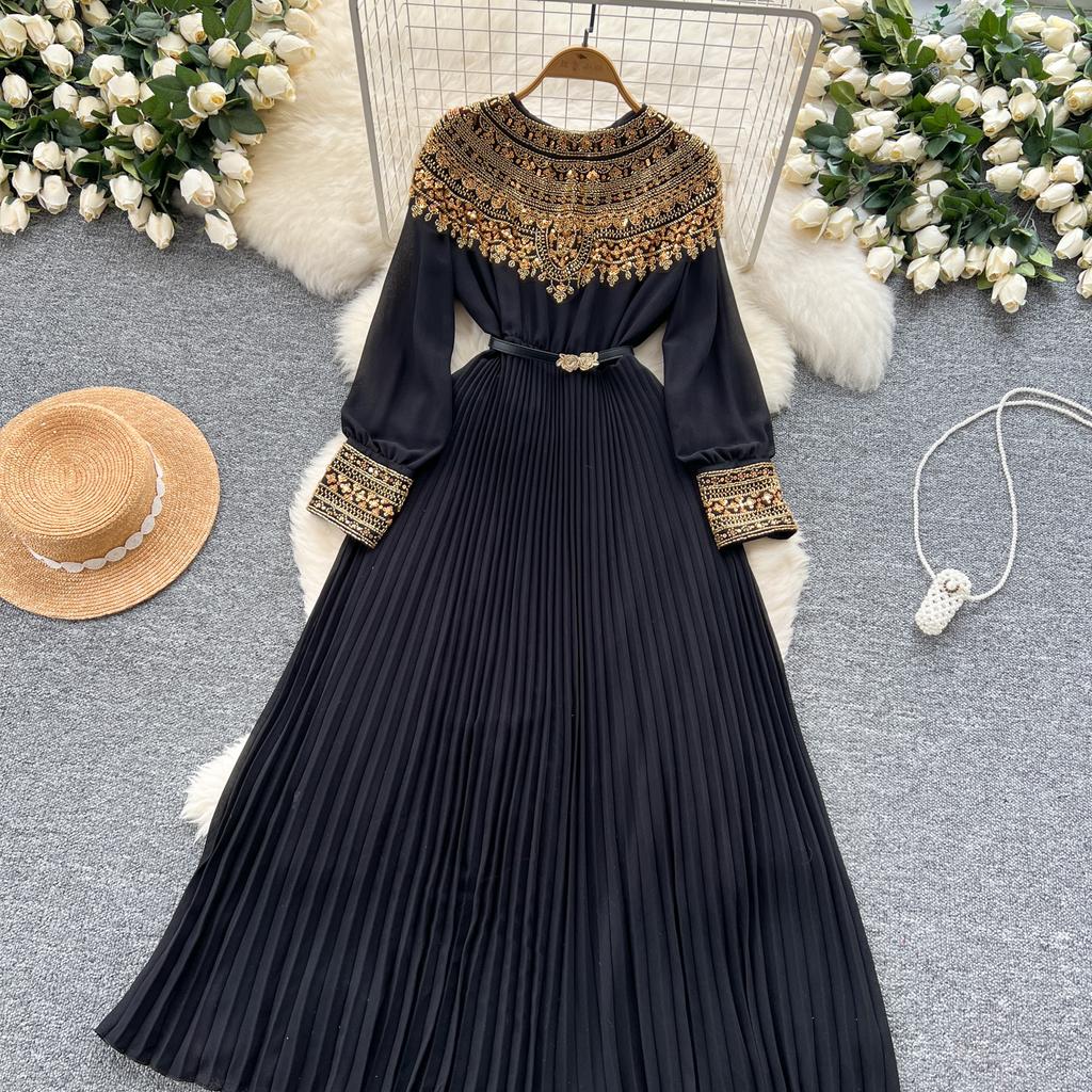 Temperament Robe Femme Maxi Dresses for Women Long Sleeve O-neck Sequin Slim Waist Vintage Pleated Dress 2025 Vestidos De Mujer