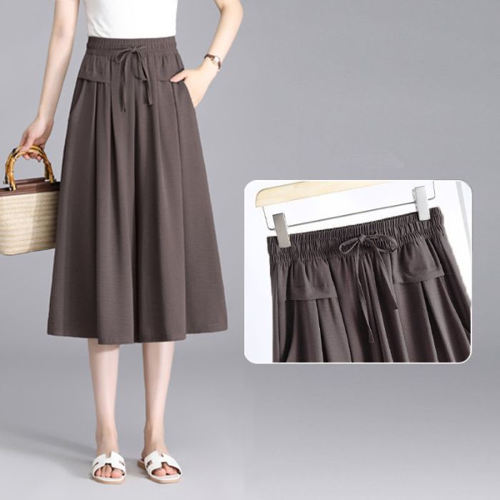 Women Casual Pants Elastic High Waist Adjustable Lace-up Wide Leg Cropped Pants Solid Color Loose Fit Lounge Culottes