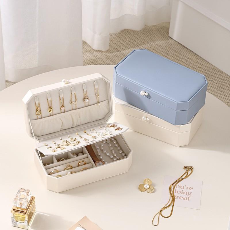 Elegant Dual-Layer PU Jewelry Box Rings Necklaces Storage Pearl Finish White Sky Blue