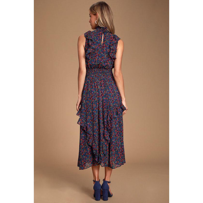 2023 Retro Floral Print Sleeveless Ruffle Dress for Women