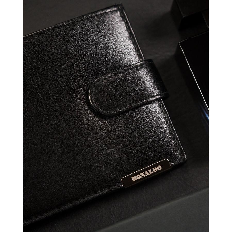 Black, Horizontal, Spacious Men's Wallet Made of Genuine Leather, Closed with a Snap - Ronaldo