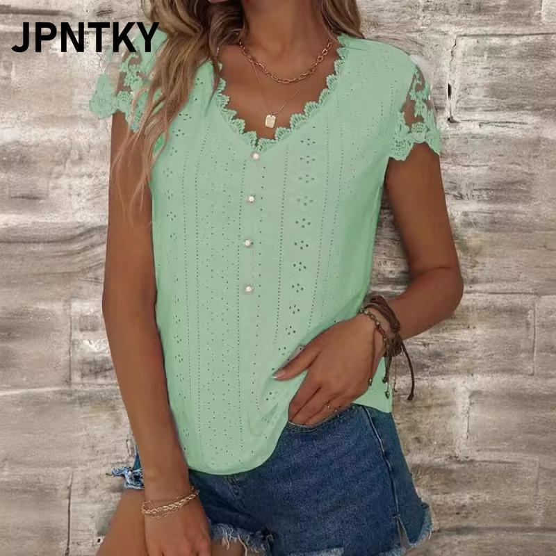JPNTKY Women's Fashion Casual V-Neck Short Sleeve Blouses & Shirts
