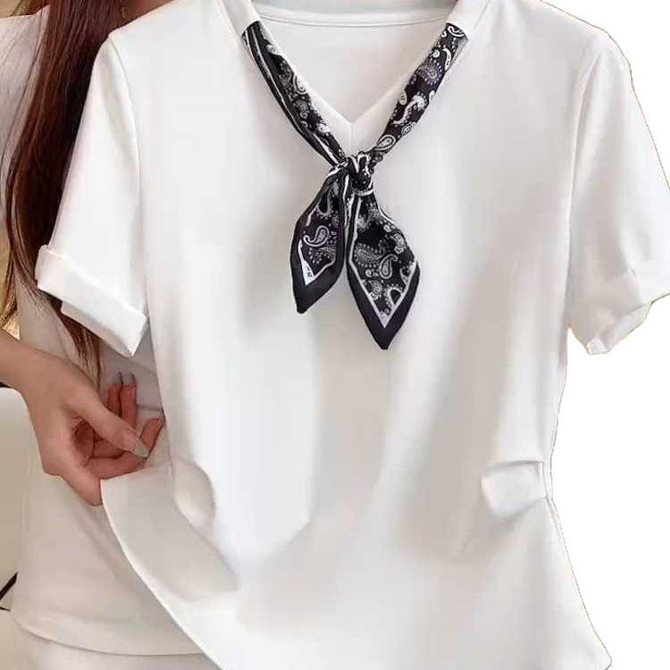 Plus Size Korean Silk Scarf Patchwork Slimming T-shirt for Women - 2025 Summer Fashion Short Sleeve Top