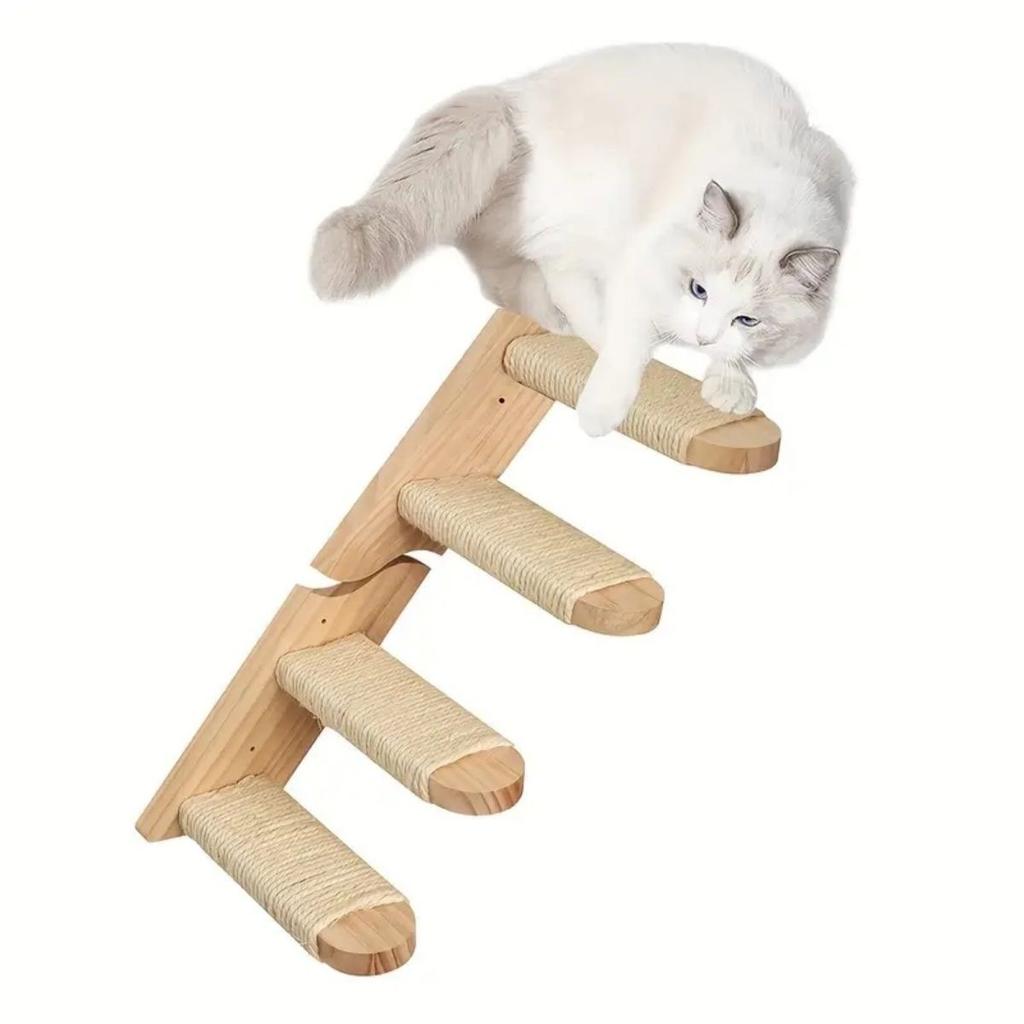 Four-tier solid wood cat staircase with wall-mounted climbing ladder and perch wall-mounted toy saves floor space