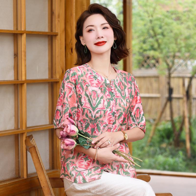 

Summer 2026 Stylish Plus Size Printed Round Neck Short Sleeve Shirt for Middle-aged Women XL (90-105 kg)