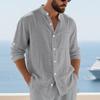 Men Stand Collar Linen Long Sleeve Shirt Single Pocket Roll Tab Cuff Casual Beach Top
