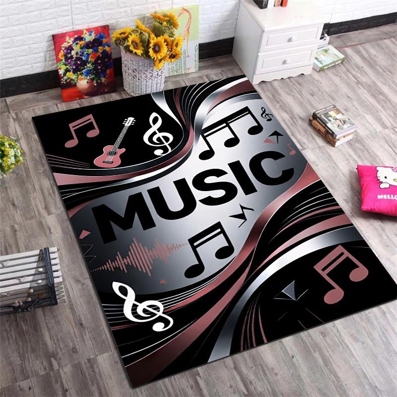 Modern Metallic Music Note Guitar Print Area Rug Non‑Slip Rectangular Floor Mat Music Lover Home Decor for Gaming Room Living Bedroom